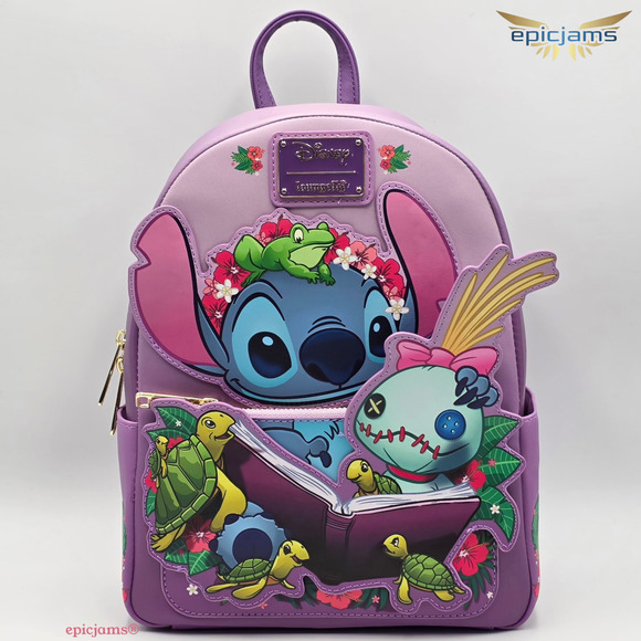 Loungefly Disney Lilo & Stitch Scrump Reading Floral Purple Mini Backpack Bag - Picture 1 of 8